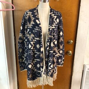 Lucky Brand Fringe Aztec Print Cardigan Size L